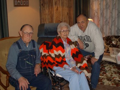 Hubert, Mary Alice, John--at the farm in McLouth, April 2004