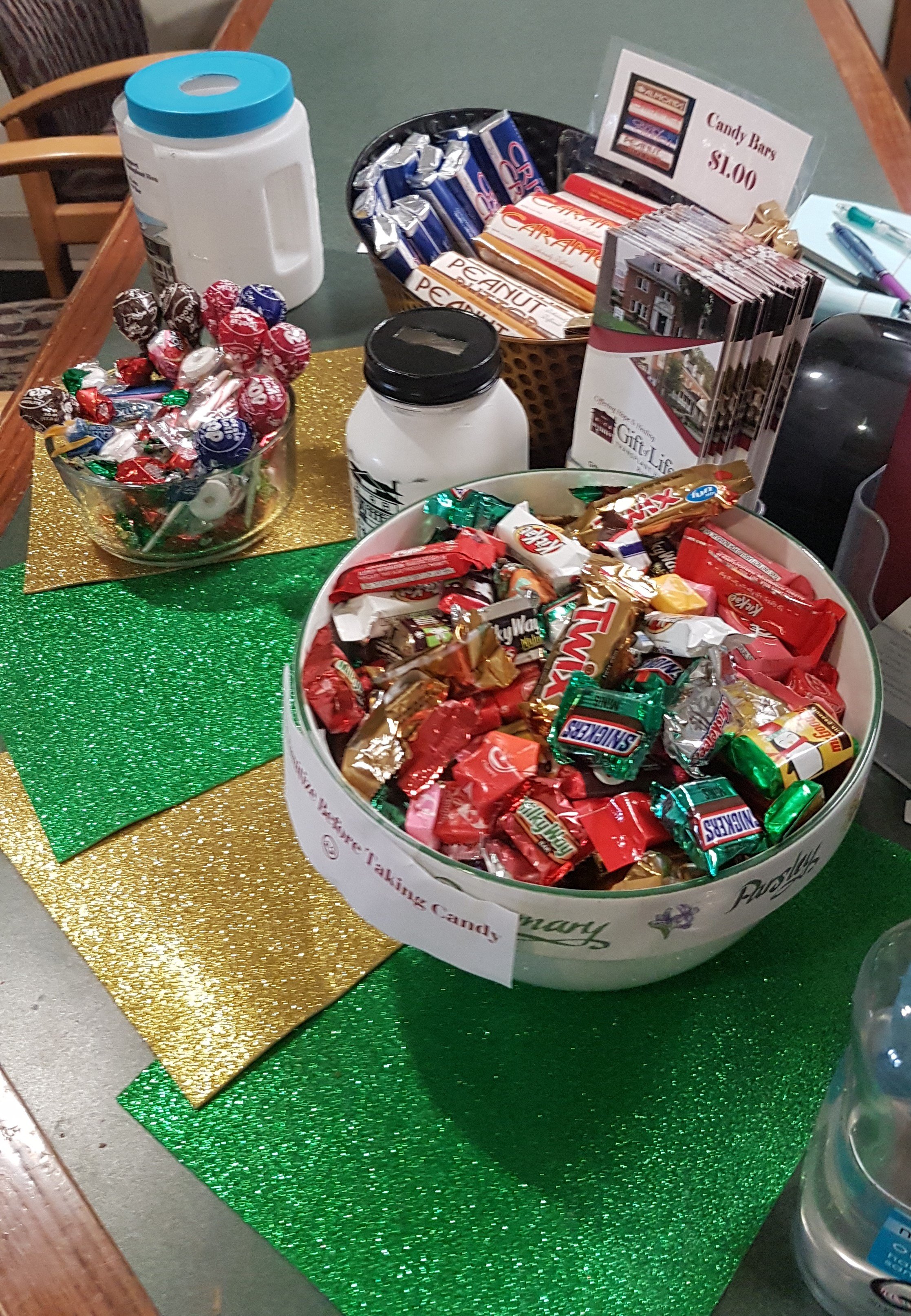 The candy bowl on the front desk at the Gift Of Life House.