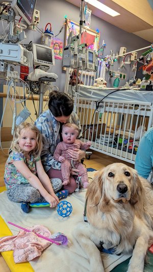 Therese&#x20;helping&#x20;Rosie&#x20;with&#x20;Occupational&#x20;Therapy&#x20;and&#x20;a&#x20;visit&#x20;from&#x20;Cola,&#x20;Rosie&#x27;s&#x20;hospital&#x20;therapy&#x20;doggy&#x20;firend