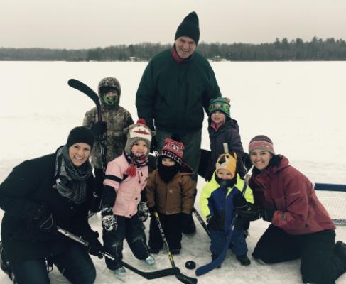 Hockey at Christmas with 4 of grandkids and daughters Jinelle and Jessie.  Jessie and Kendal's four kids Jonah, Sierra, Clara, and Sawyer and Jinelle and Mike's son in the middle Colden.