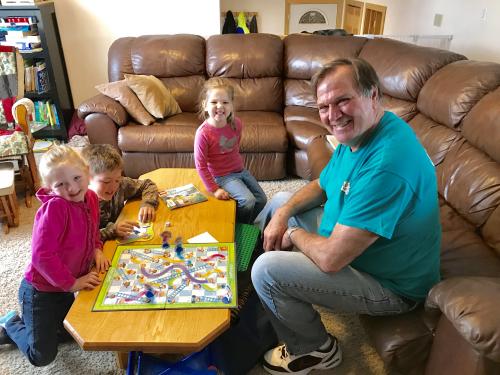 Playing games with grandkids: Clara, Jonah and Sierra Baker. (Jessie's 3 oldest)