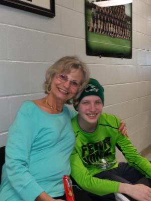 Trudy Hass (Lance's home bound teacher) and Lance. Trudy was first in line for the blood drive...