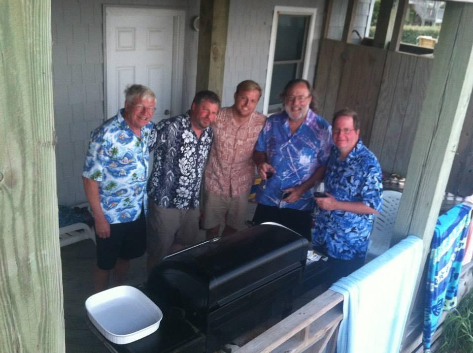 Hawaiian shirt night at the beach with Pops and his grilling buddies.