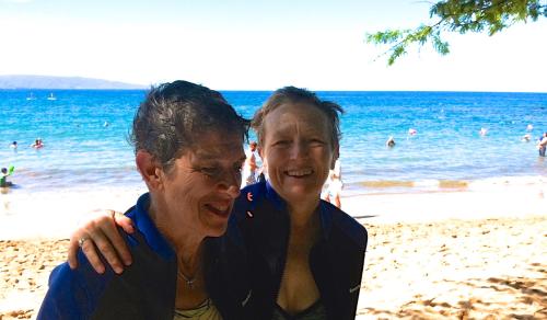 Izetta and Ellen after snorkeling with an octopus,
 Ulua Beach, Maui, March 2015
