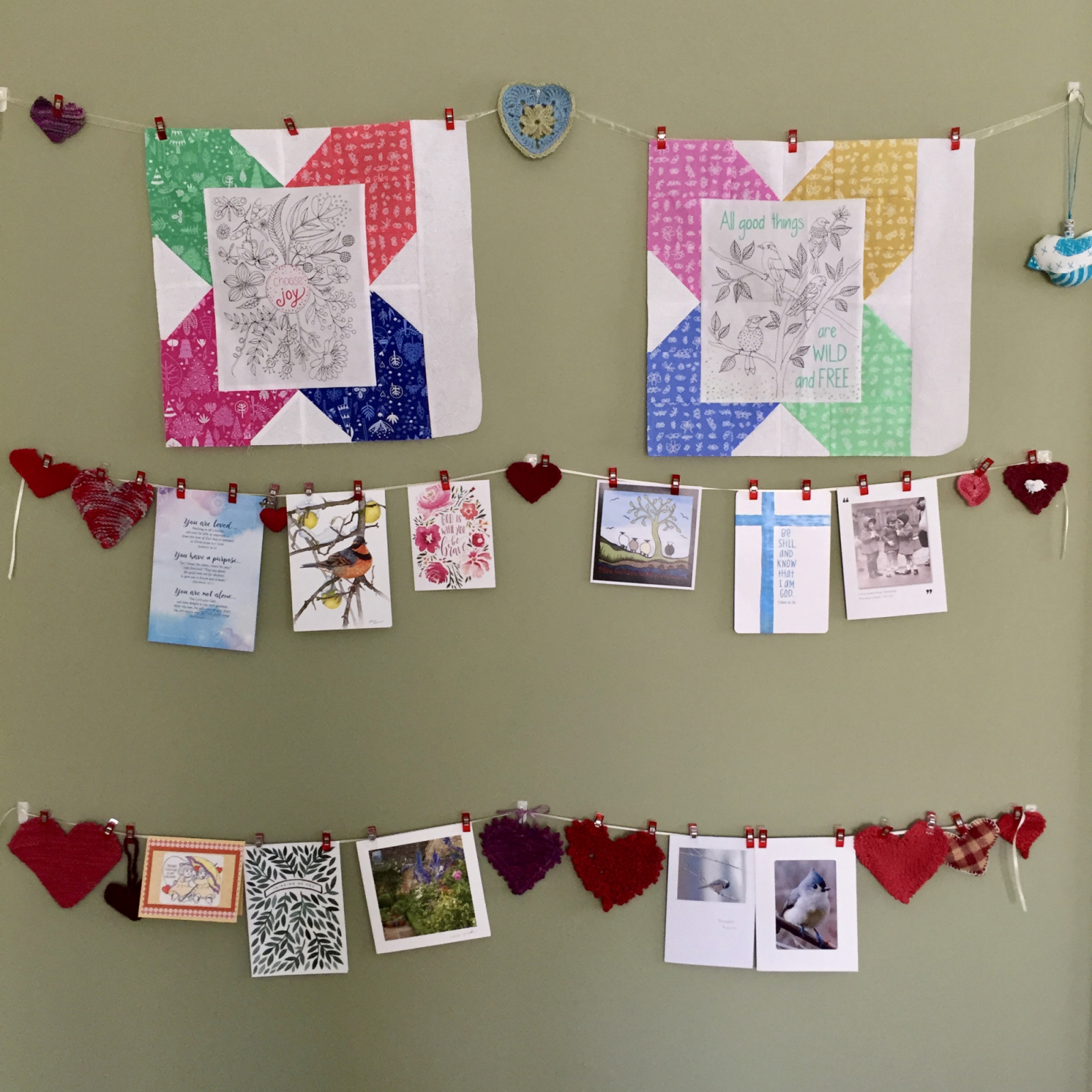 This is my joy wall with cards and hearts. If your card or heart isn't here, it is on the fireplace mantle or in a basket. I will get these hearts out every February as a reminder of your kindness and support.