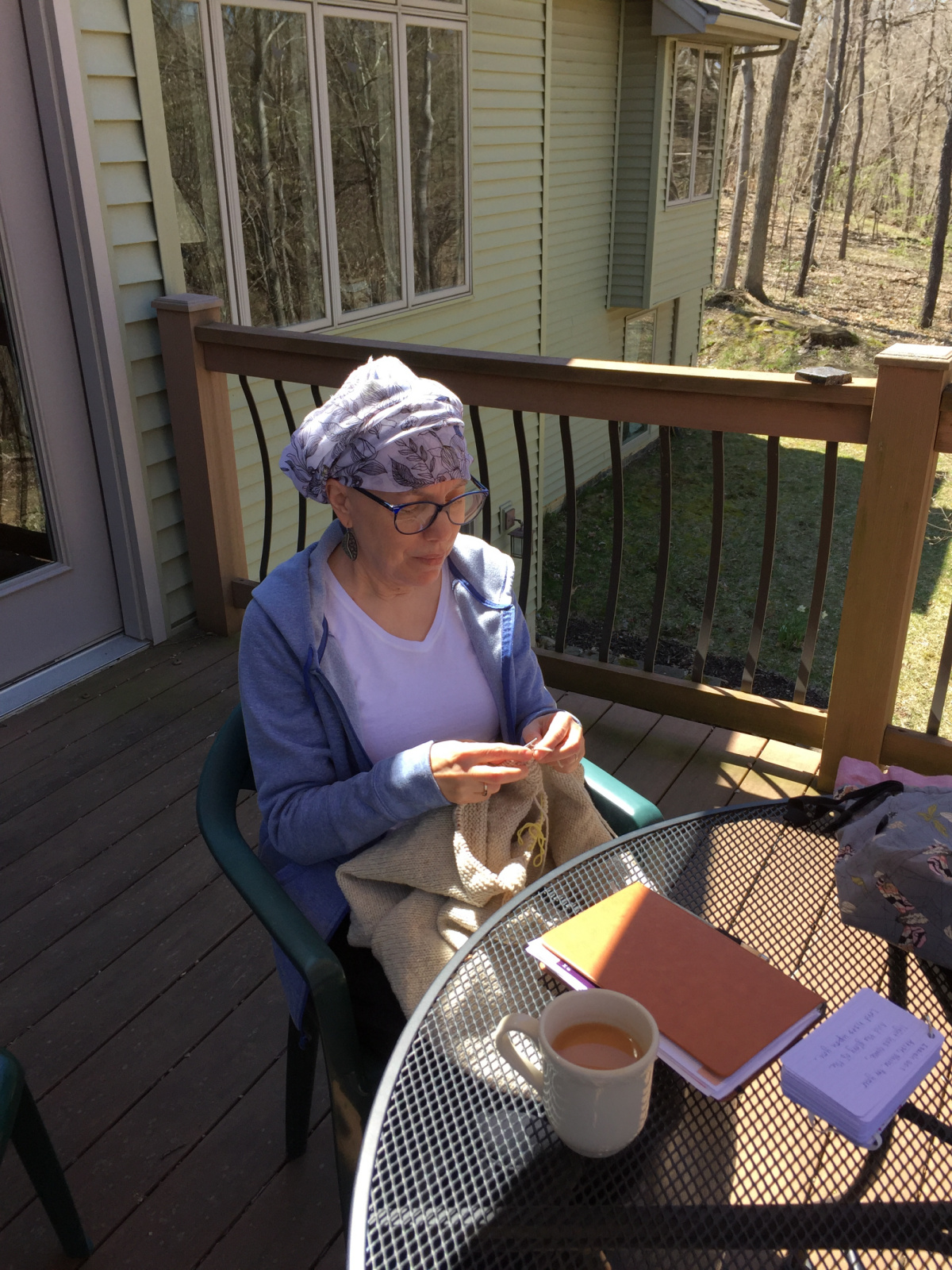 Bob took this photo before surgery. I was scrambling to get his sweater done beforehand and I did it! We only had a day or two when it was nice enough to sit outside to knit.