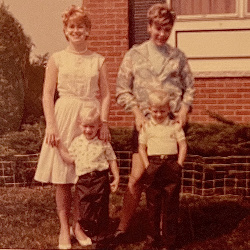 Mom as a redhead on the left with me - TJ around 1966 in Detroit. Our friend Donna Podboy is with Jeff on the right.