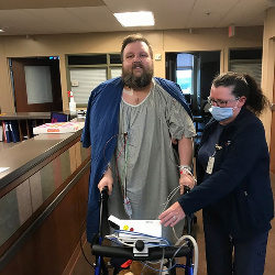 Michael's first (excruciating) walk around the nurses stand. They say the pain is more intense for someone as young as he is and he has been an absolute warrior doing whatever he can to aid his recovery even if it feels like torture in the moment.