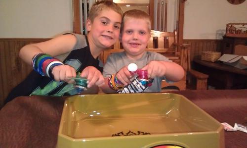 The boys battling beyblades....thanks for the suggestion Karyn! He loves them!!