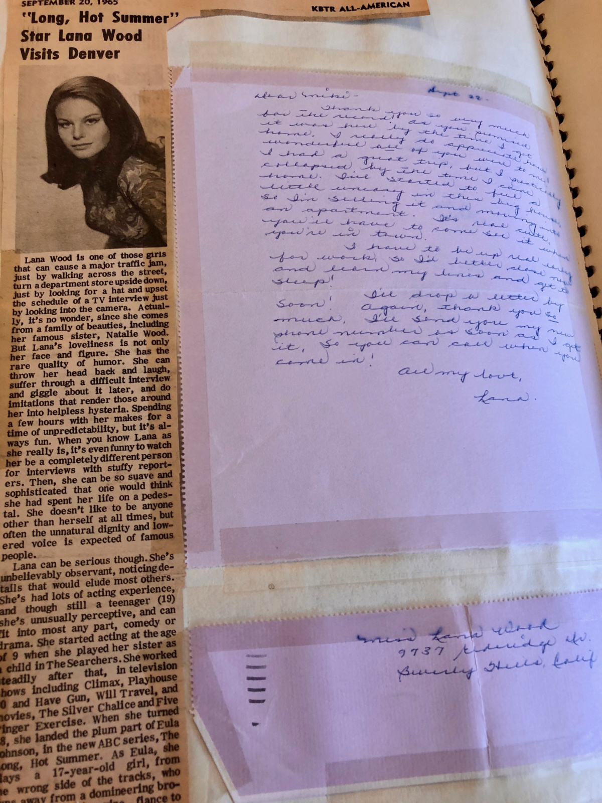 Thank you letter by Lana Wood, sister of NATALIE.  And she even put her address on the envelope!
