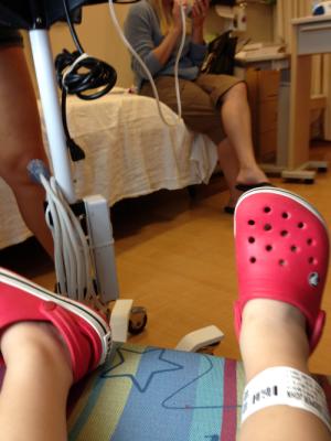 Cooper's selfie of his feet.  He's very proud of his new red Crocs!