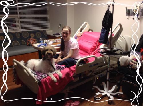 Finally settled in... {my hospital room... Ezra and I in the hospital bed with pink sheets and blanket, couch/bed and "happy" side table to my right, and IV pole and wheelchair to my left.}