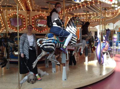 Me on the carousel zebra, Christina standing beside me, and Ezra lying at her feet