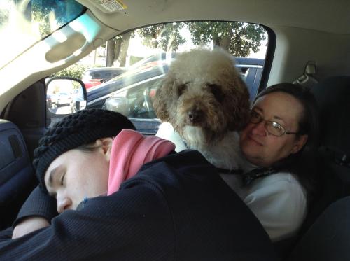 Mom, Ezra, and me in the truck headed to Charlotte