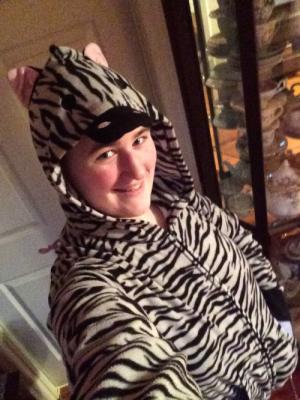 Showing off my true colors...well, stripes to be exact! ;)  All warm in my zebra outfit.