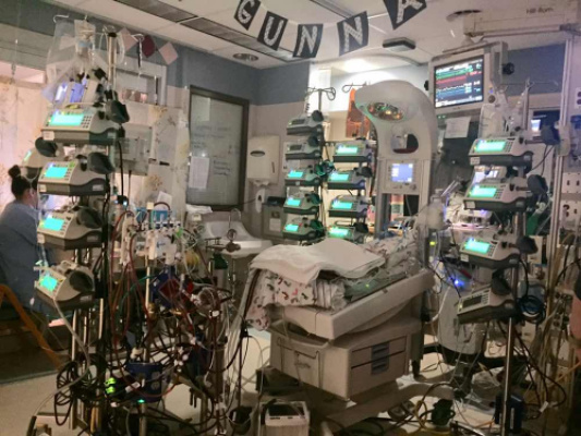 Gunnar’s room was pretty full with all this equipment. Believe it or not, there were even more monitors in his room than at the time of this picture. Thankfully, the ECMO machine is gone now too, which is all the pumps and tubing on the left side of the picture. 