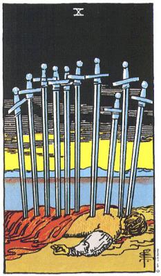 I believe that Tammy's passing trauma was mitigated or lessened given the lesion inside the spinal column insulated by the spinal fluid.  See last entry. Death card. 

Ten of Swords:  When the 10 appears, however, it is a clear signal to be careful about where you put your trust. Linda "The Psychic" Shields "Trust no one" 
Ten of swords: rock bottom, finished, give up, closure. When the 10 of swords appears in the reading it is likely that the situation has become as bad as it possibly can. Enough is enough. There is nowhere to go but up. A person has made huge sacrifices for others and received little to nothing in return. 

Pick yourself up and get on with life. Take the lessons you have learned (that would be me because Tammy was my greatest teacher, especially during her final months) with you so you don’t make the same mistakes again. 
