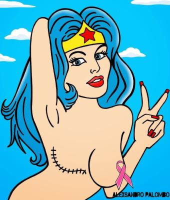 Wonder Women is my favorite super hero, she flies an invisible plane, VERY COOL.
Artist from New York did several drawings of female super heros with mastectomies.
This one has right breast missing like me, so I like it.