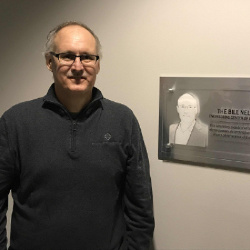 Bill with his plaque that is hanging at the entrance to Franklin Fueling’s Engineering lab that has been dedicated to him. He is very proud of this honor!
