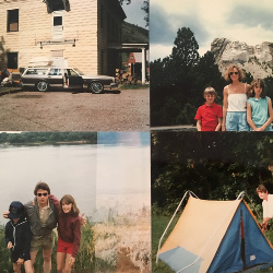 I am laughing so hard right now! Illustrations of Dad’s 1985 summer road trip to Aspen, CO.
Top-bottom, left to right:
1.Stop over along the way. That’s the Buick, that’s the car-top carrier!
2.Mom and her gorgeous children. And Mount Rushmore.
3.Dad and his gorgeous children. And Old Miss, Old Man, Dee-eep Riverrrr...
4.Dad and a tent. Not during the sandstorm, but you get the drift. ;)

