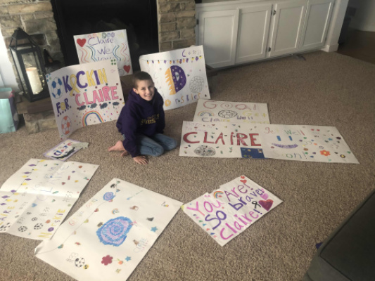 Claire’s soccer team made cool posters to help send her into Round 2 of Immunotherapy. These girls (and their families) continue to shower Claire with so much love and support. 💜⚽️💛 Thank you! 