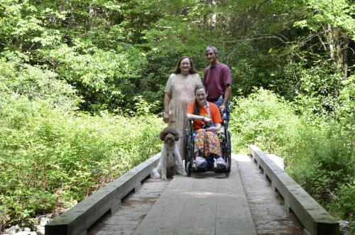 Me with my wonderful parents and the best service doodle I could've asked for...in a manual wheelchair on a hike to Schoolhouse Falls in Lake Toxaway, NC...5/28/14 - family vacation 2014