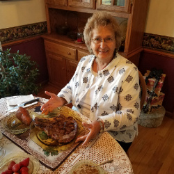 Janet Bell on her 72 birthday, 2017 at Kara and Darrell's house