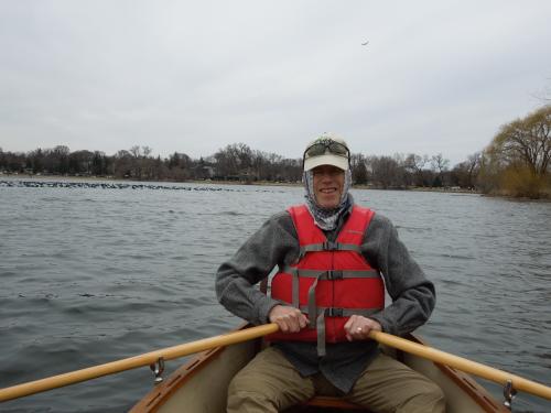 On 8 April rowing on Lake Calhoun, Minneapolis with a flock of coots in the back ground.  Grey skies, nice brreze, and not too warm- maybe 45 F on the water