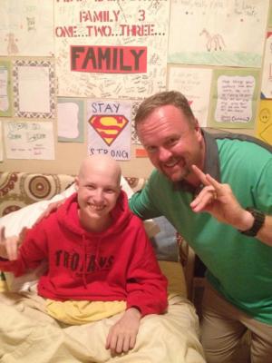 Coach Willis came by to see Lance - "This guy is an inspiration to me, but that Trinity sweatshirt is going too far! Lance White is a CHAMPION and knows how to fight the good fight! I will miss him, but he will be here for the T'Wolves next fall...and maybe on my sideline for a big district opener. Go Lance!"