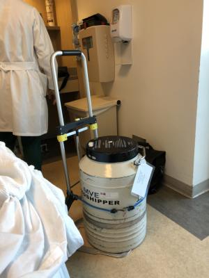 The cryogenic container that was brought to my room. It contained my frozen CAR-T cells. When they opened, all the dry ice “smoke” came wafting out. Very cool.