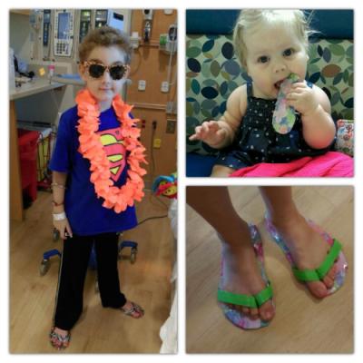 Yesterday's project to prevent hospital boredom  was duct tape flip flops.  Even Rose got a pair, although she was more interested in eating them instead of wearing them!