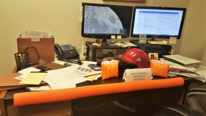 10/9/2018 - When Rick returned to work, he found this "protective equipment" on his desk - a gift from the coworkers who saved his life (when he fell he hit his head really hard on his desk). What a group of amazing (and hilarious!) people.