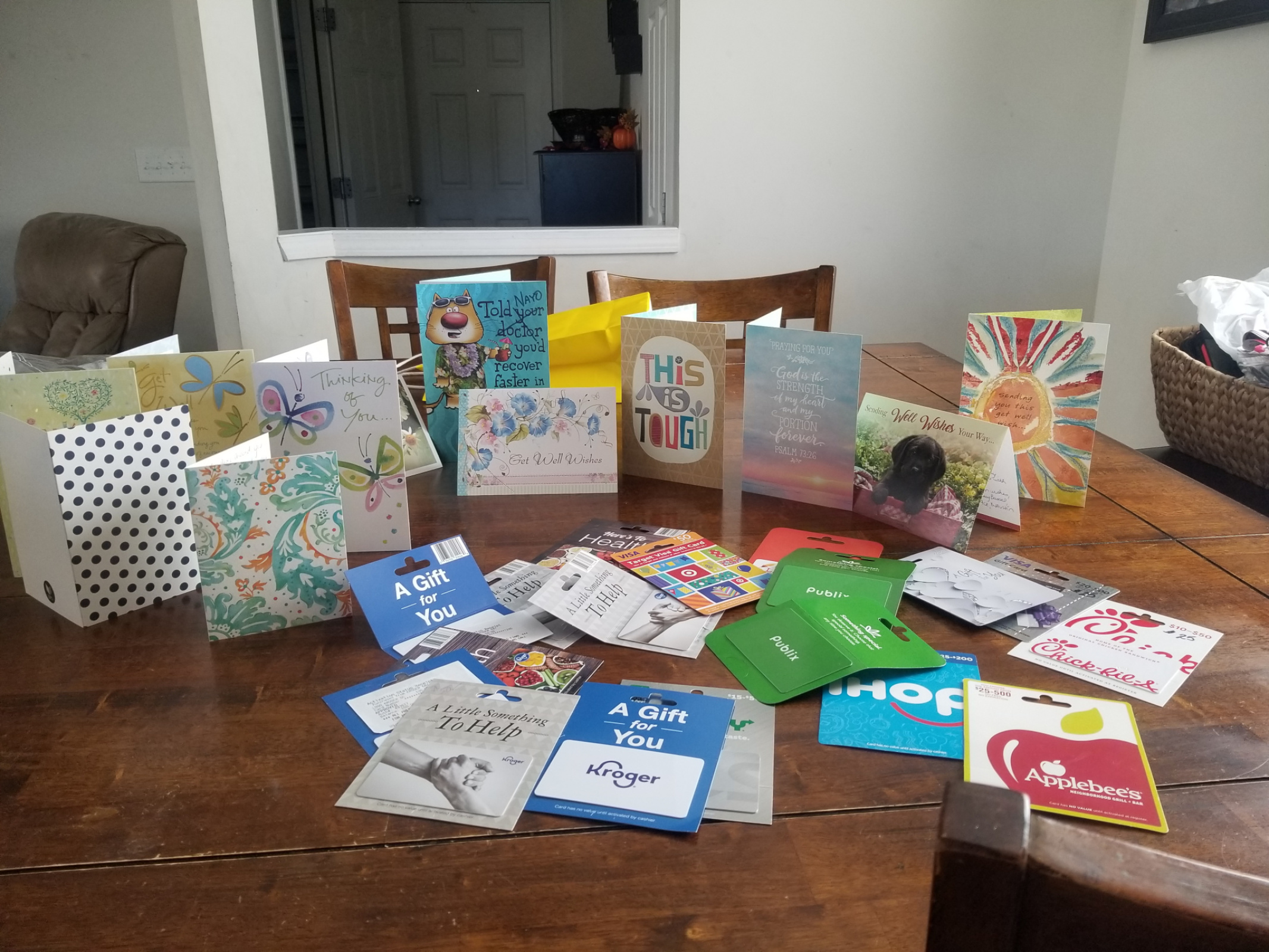 A multitude of gift cards from our White Oak "OWL" family: Keen, Cancel, Coates, Ray, Azurmendi, Chiquita, Pickett, Bassel, Hulsey, Hawkins, Wood, Newkirk, Hooks, Beaucout, Shea, Neal, Aratari, Polstra and Atkinson families. 

We are SO grateful, and appreciate your generosity! 