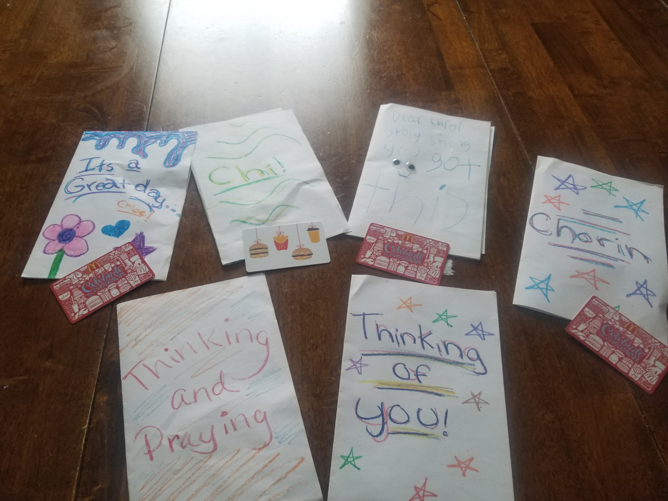 Thank you to the Thompson family for the gift cards and the beautiful notes for each of the kids. 
